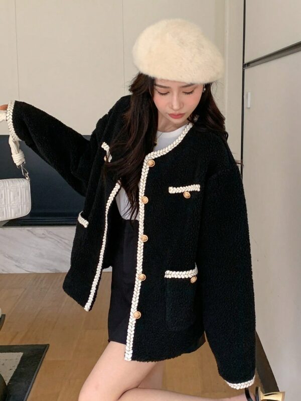 Women Contrast Trim Drop Shoulder Jacket Black Oversized Elegant Style