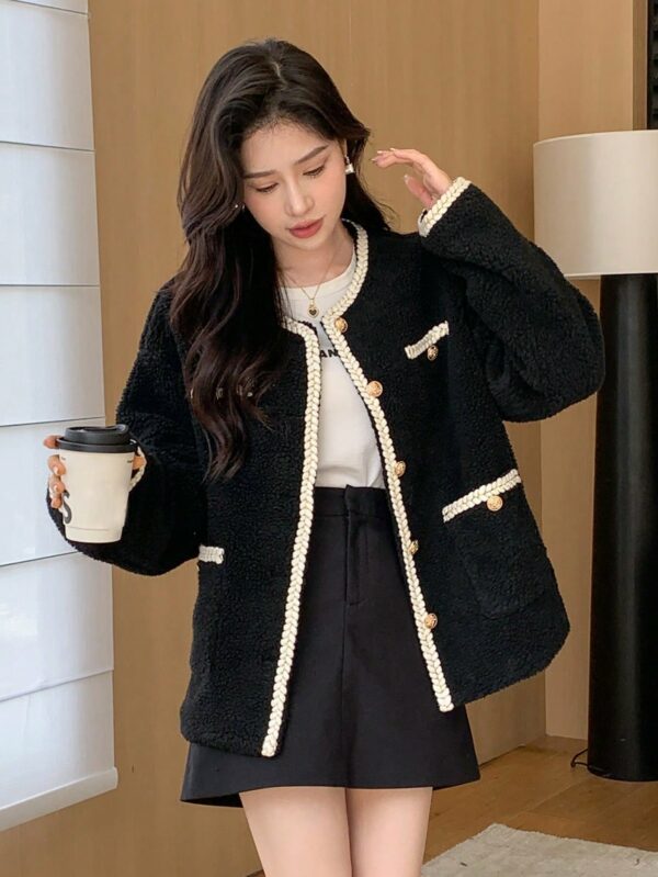 Women Contrast Trim Drop Shoulder Jacket Black Oversized Elegant Style