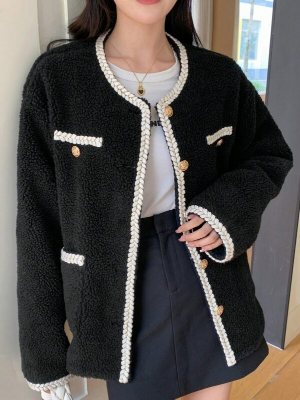 Women Contrast Trim Drop Shoulder Jacket Black Oversized Elegant Style