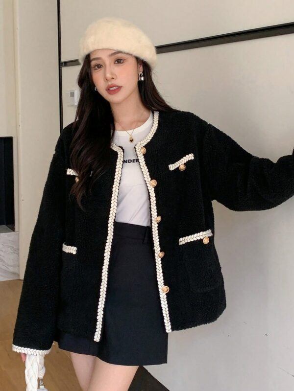 Women Contrast Trim Drop Shoulder Jacket Black Oversized Elegant Style