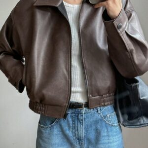 Brown Funnel Neck Woven Jacket for Women