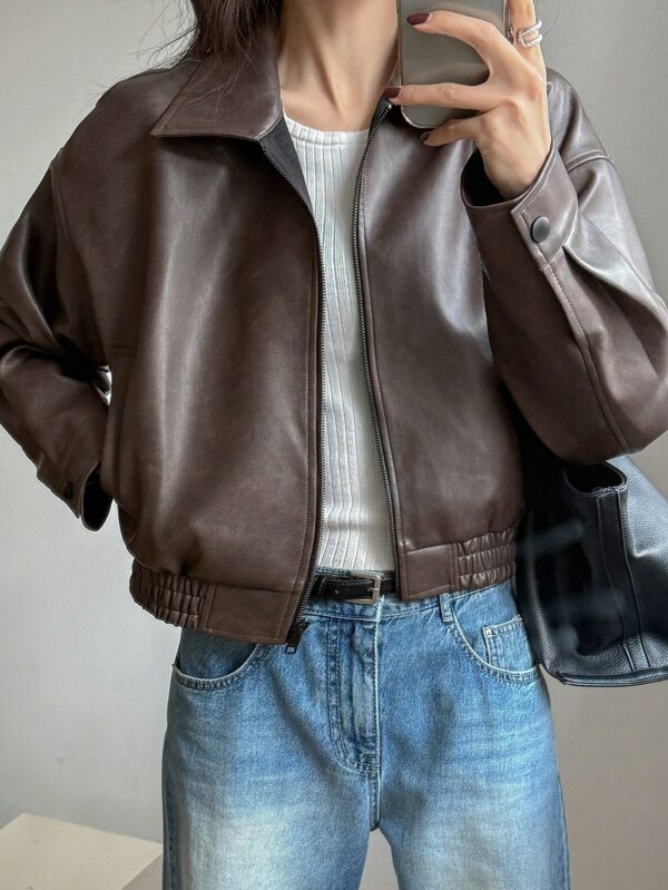 Brown Funnel Neck Woven Jacket for Women