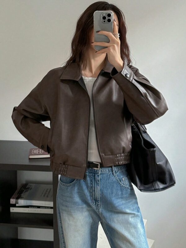 Brown Funnel Neck Woven Jacket for Women