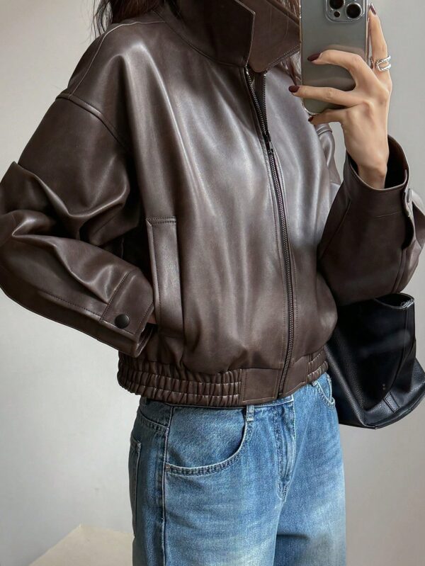 Brown Funnel Neck Woven Jacket for Women