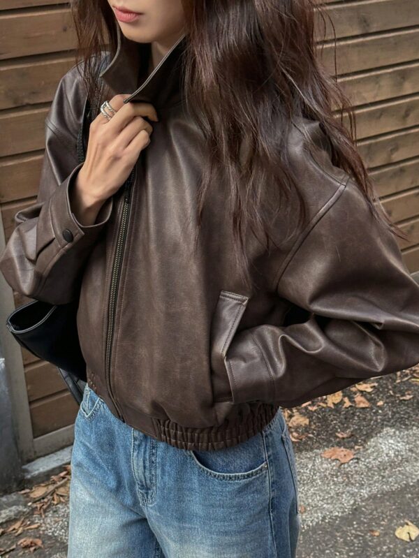 Brown Funnel Neck Woven Jacket for Women