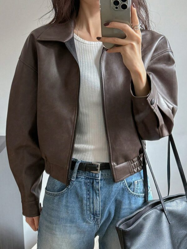 Brown Funnel Neck Woven Jacket for Women