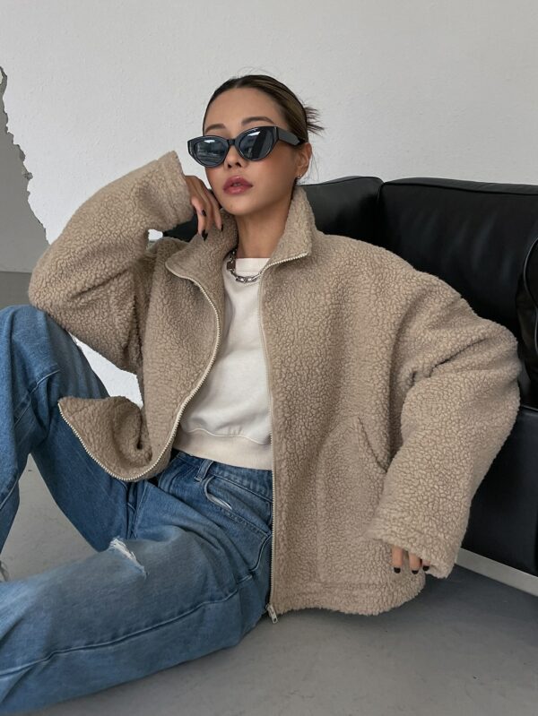 Khaki Drop Shoulder Jacket for Women Long Sleeve Casual Zip Up