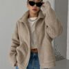 Khaki Drop Shoulder Jacket for Women Long Sleeve Casual Zip Up