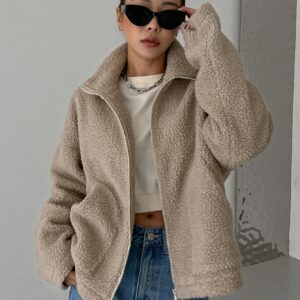 Khaki Drop Shoulder Jacket for Women Long Sleeve Casual Zip Up