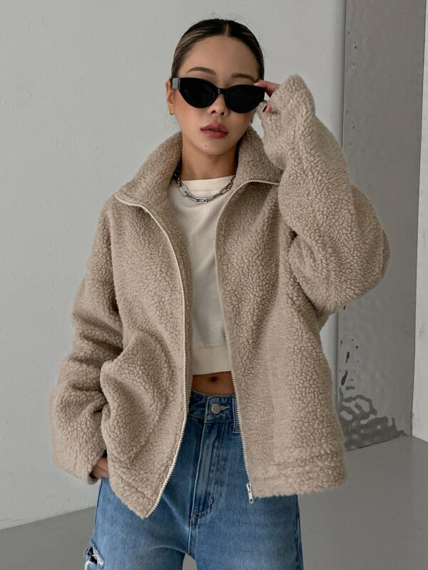 Khaki Drop Shoulder Jacket for Women Long Sleeve Casual Zip Up