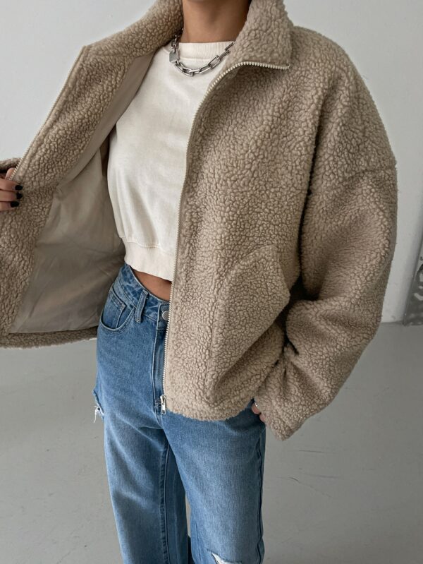 Khaki Drop Shoulder Jacket for Women Long Sleeve Casual Zip Up
