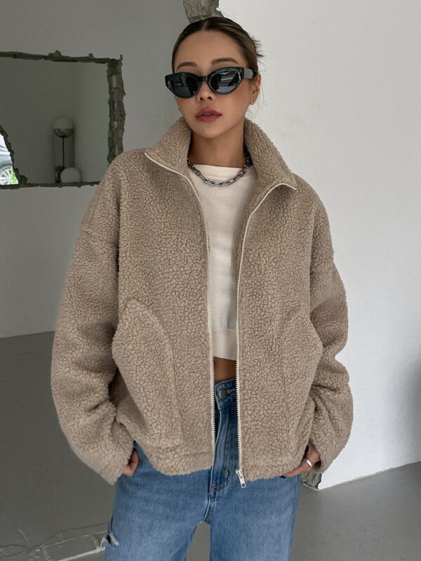 Khaki Drop Shoulder Jacket for Women Long Sleeve Casual Zip Up