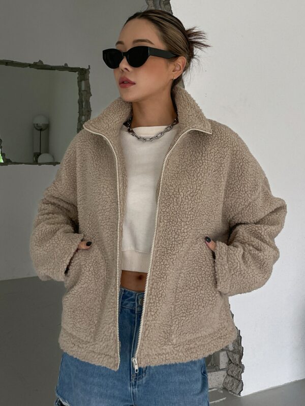 Khaki Drop Shoulder Jacket for Women Long Sleeve Casual Zip Up