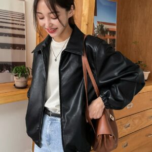 Women Black Leather Jacket PU Leather Zipper Biker Coat for Fall Fashion