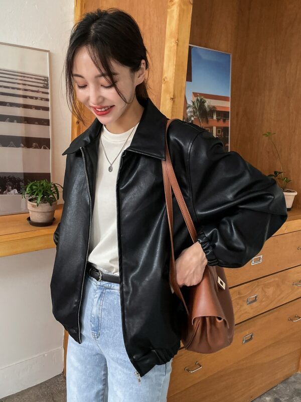 Women Black Leather Jacket PU Leather Zipper Biker Coat for Fall Fashion