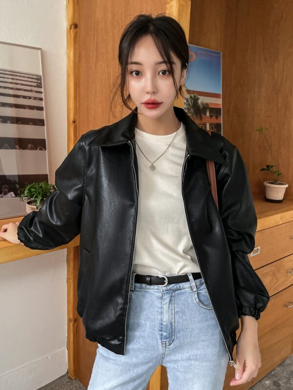 Women Black Leather Jacket PU Leather Zipper Biker Coat for Fall Fashion