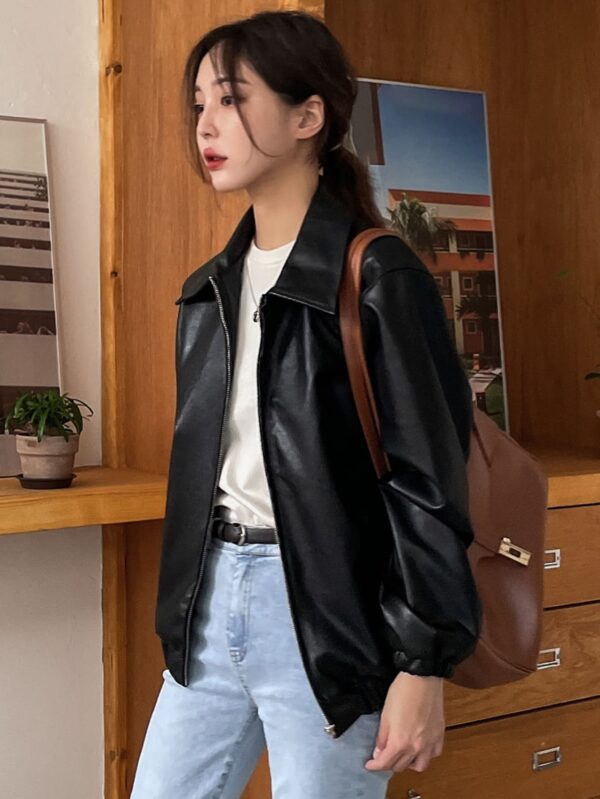 Women Black Leather Jacket PU Leather Zipper Biker Coat for Fall Fashion