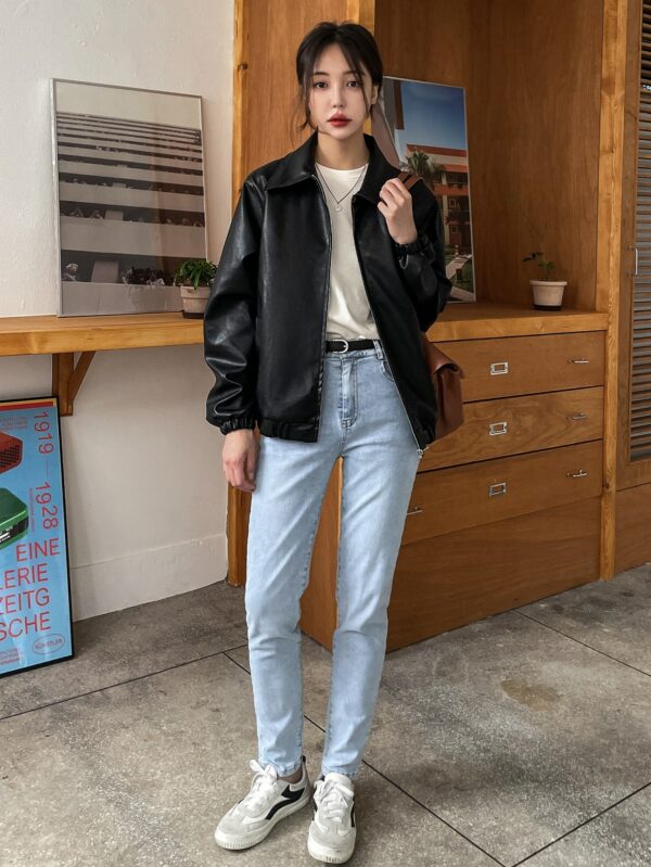 Women Black Leather Jacket PU Leather Zipper Biker Coat for Fall Fashion