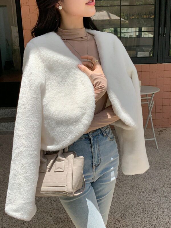 Women Casual White Teddy Crop Jacket