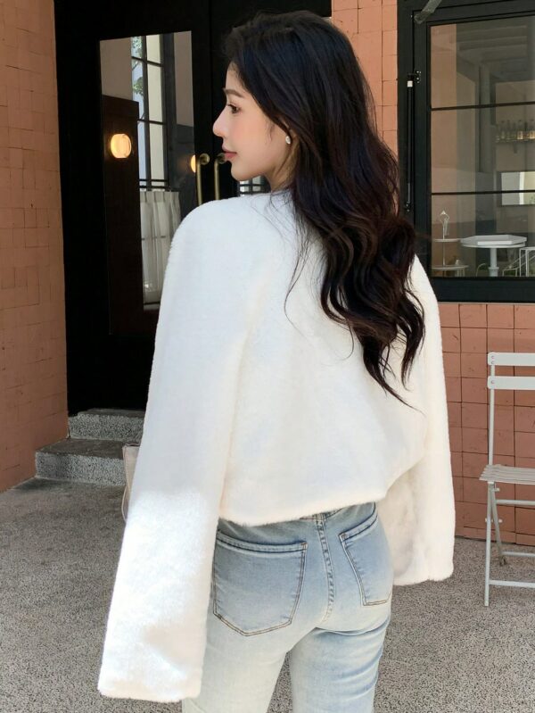 Women Casual White Teddy Crop Jacket