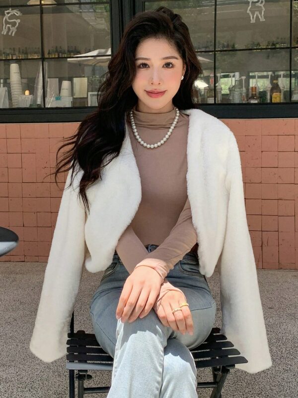 Women Casual White Teddy Crop Jacket