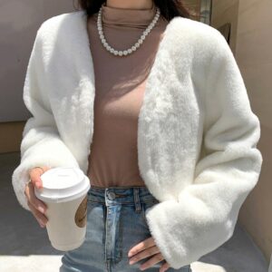 Women Casual White Teddy Crop Jacket