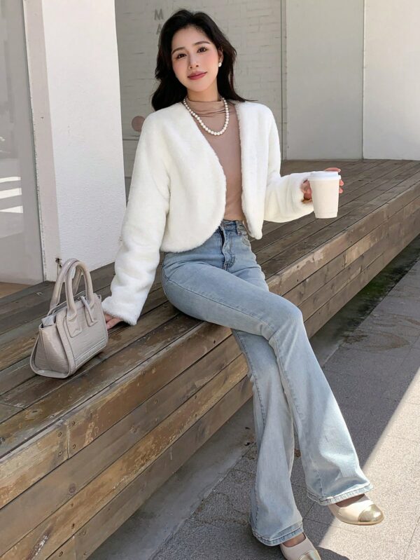 Women Casual White Teddy Crop Jacket