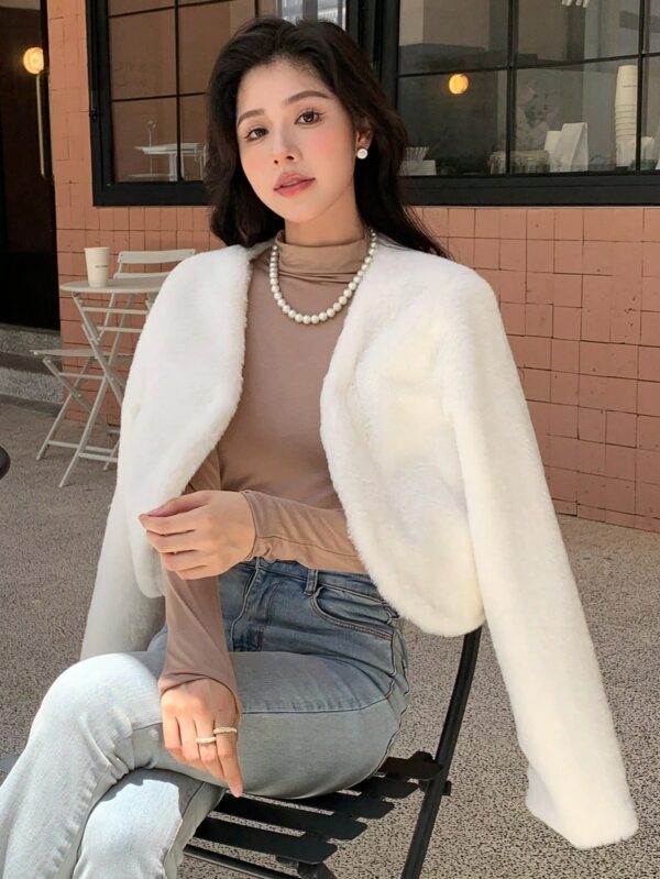 Women Casual White Teddy Crop Jacket