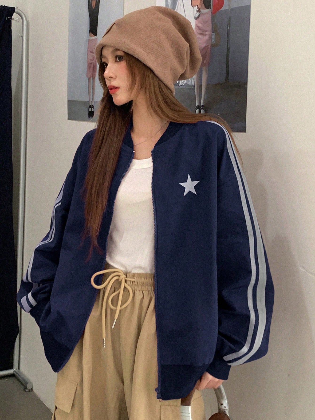 Navy Blue Star Print Bomber Jacket for Women