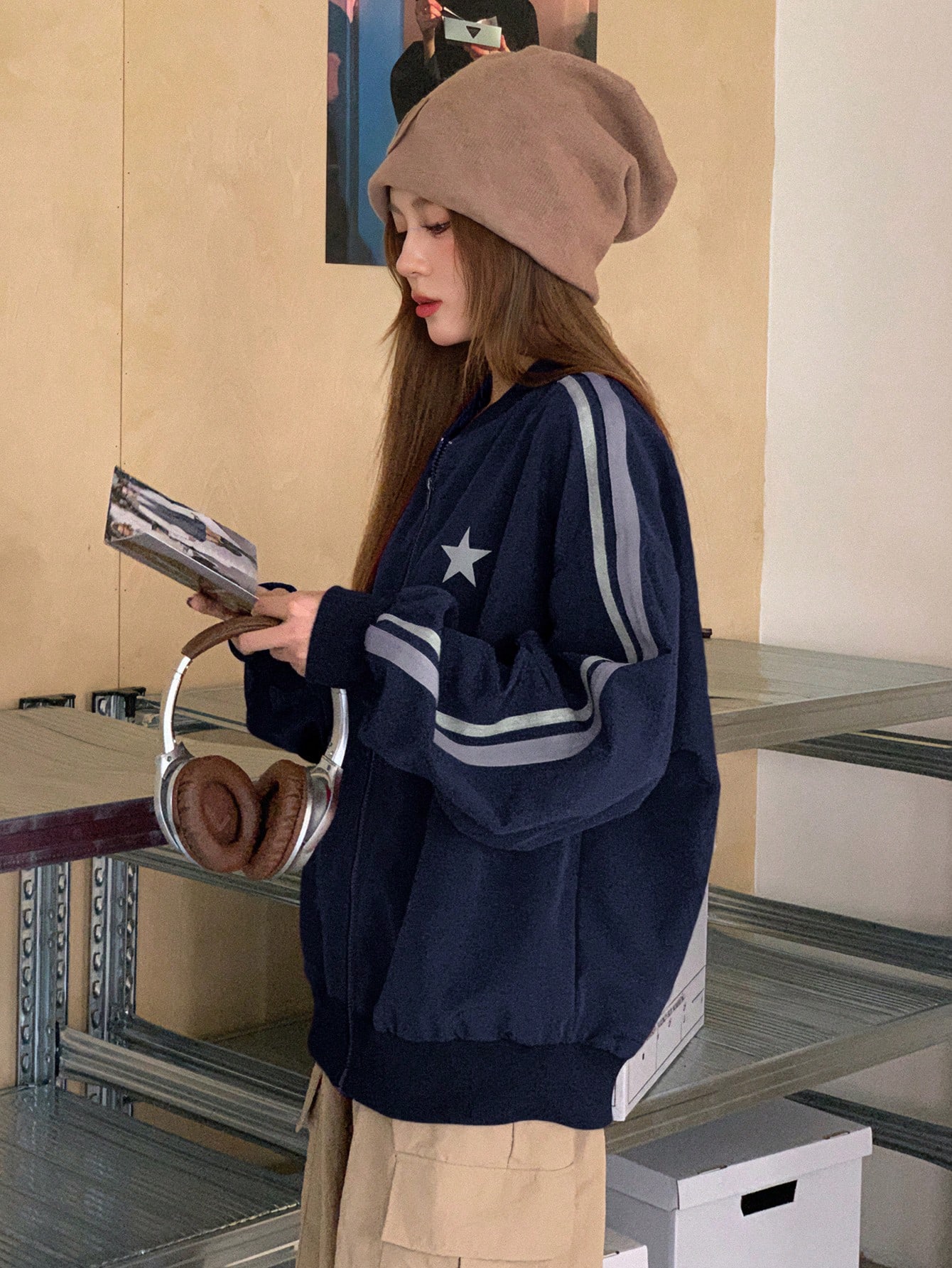 Navy Blue Star Print Bomber Jacket for Women