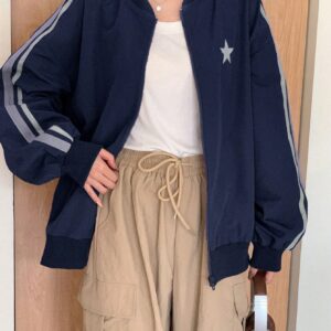 Navy Blue Star Print Bomber Jacket for Women