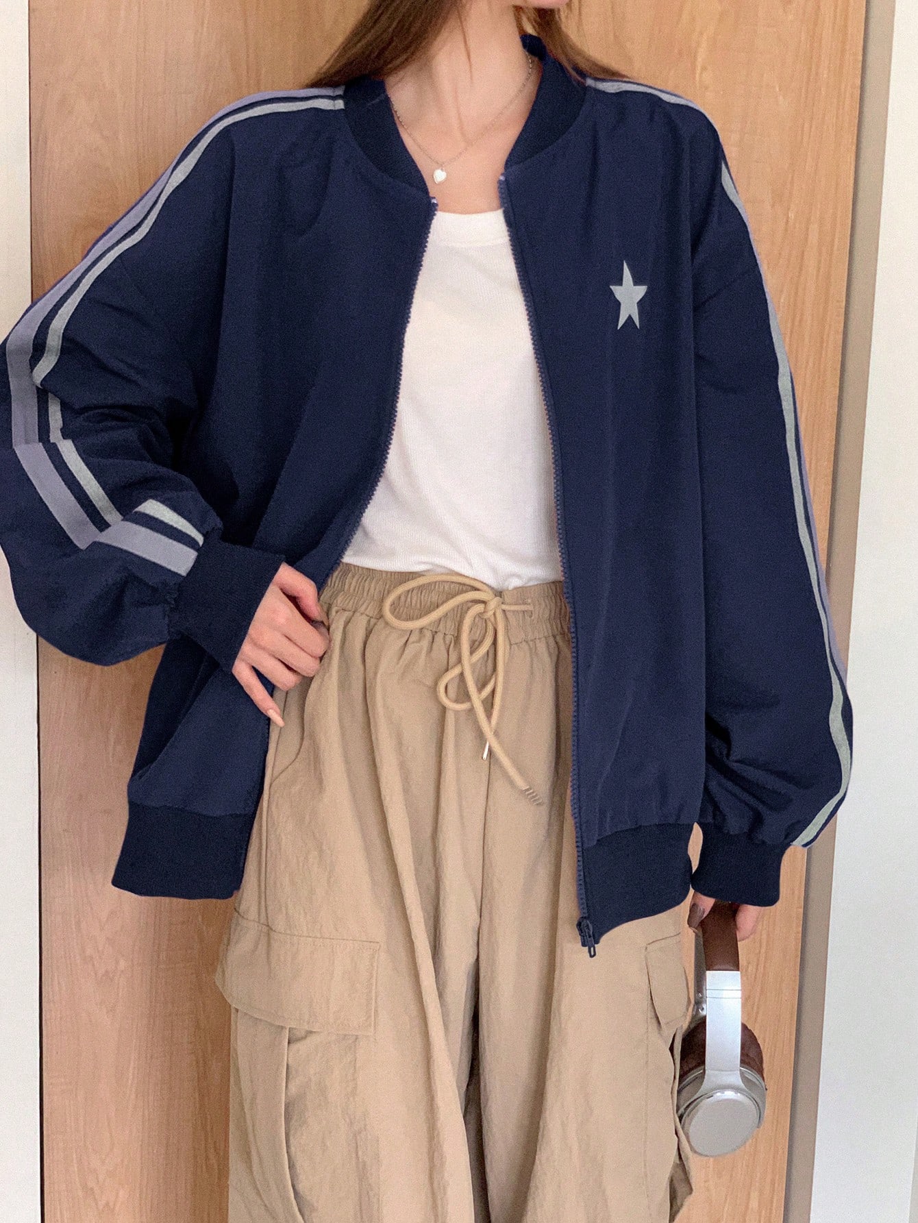 Navy Blue Star Print Bomber Jacket for Women