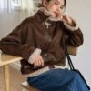 DAZY Teddy Fleece Edged Patchwork Fabric Zip Up Jacket main 1