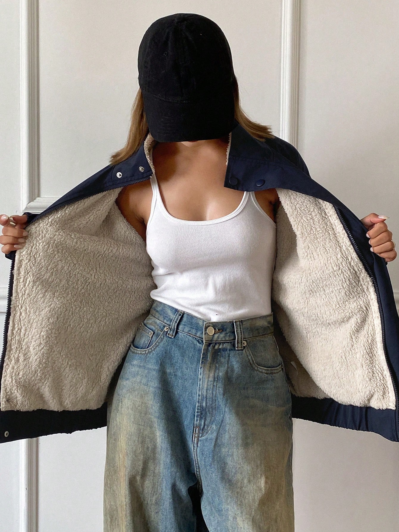 Navy Blue Long Sleeve Minimalist Jacket for Women