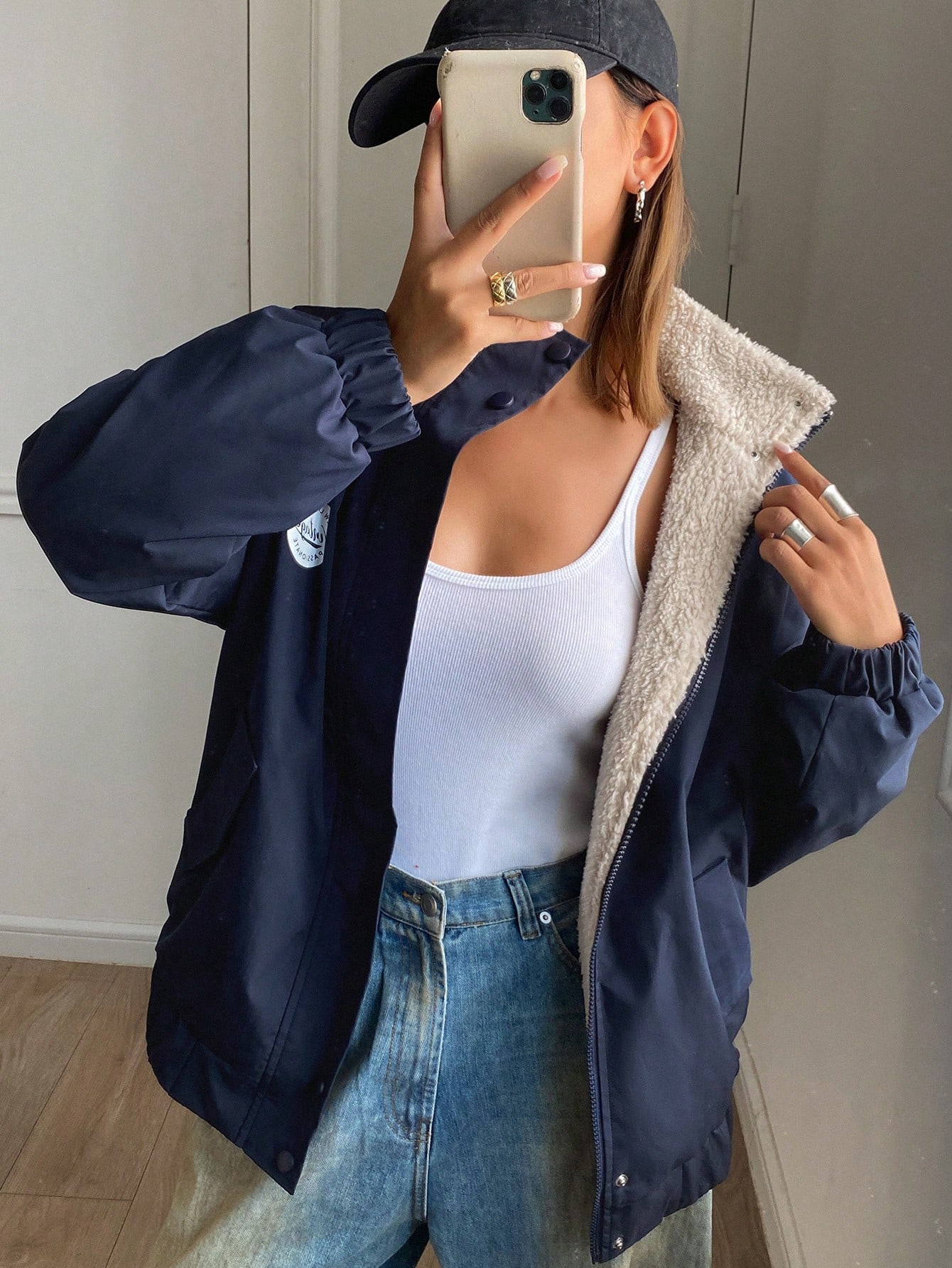 Navy Blue Long Sleeve Minimalist Jacket for Women