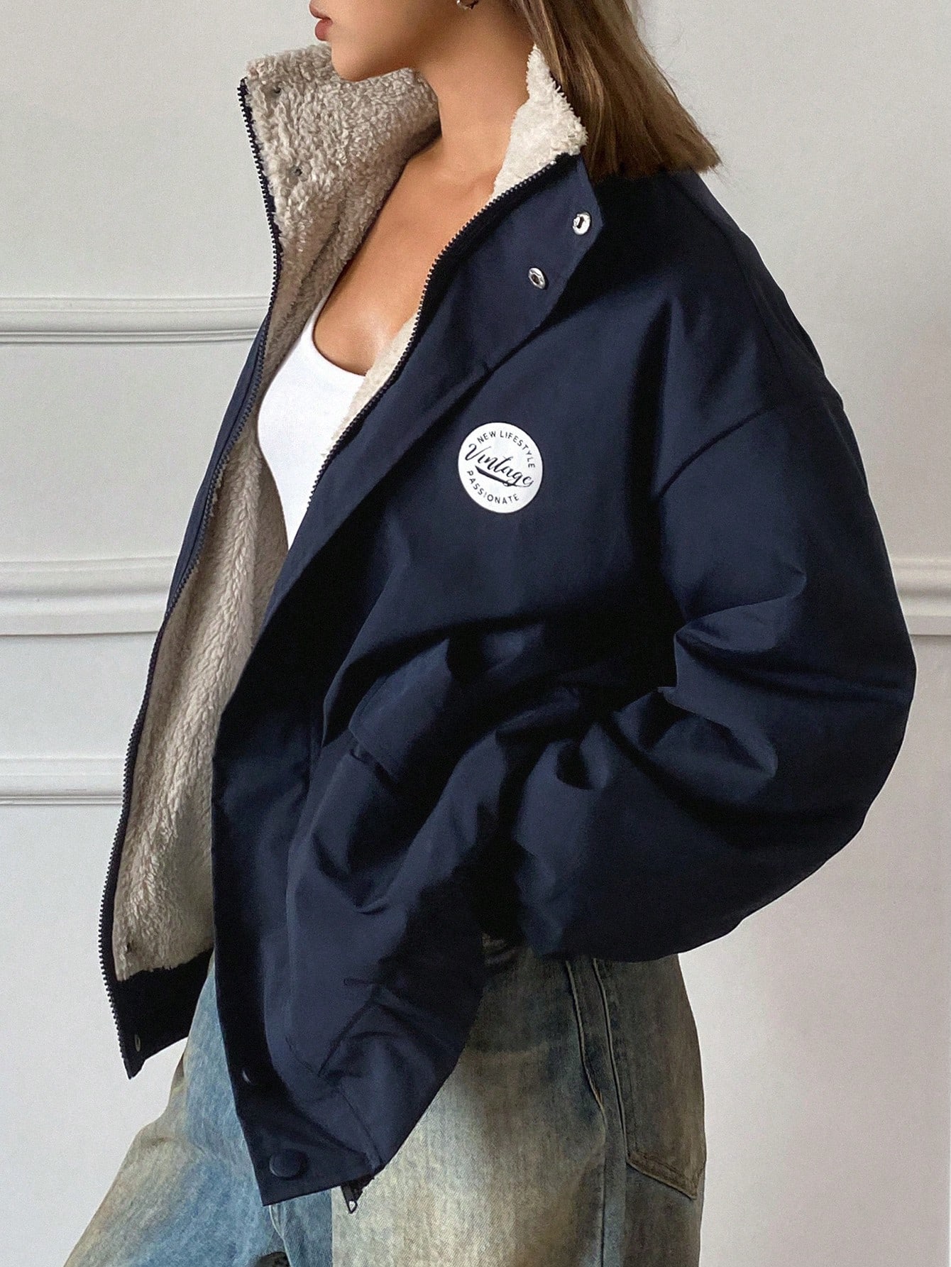 Navy Blue Long Sleeve Minimalist Jacket for Women