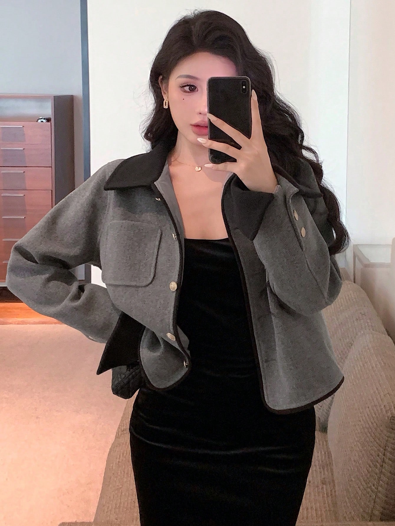 Women Autumn Single Breasted Color Blocking Lapel Casual Jacket