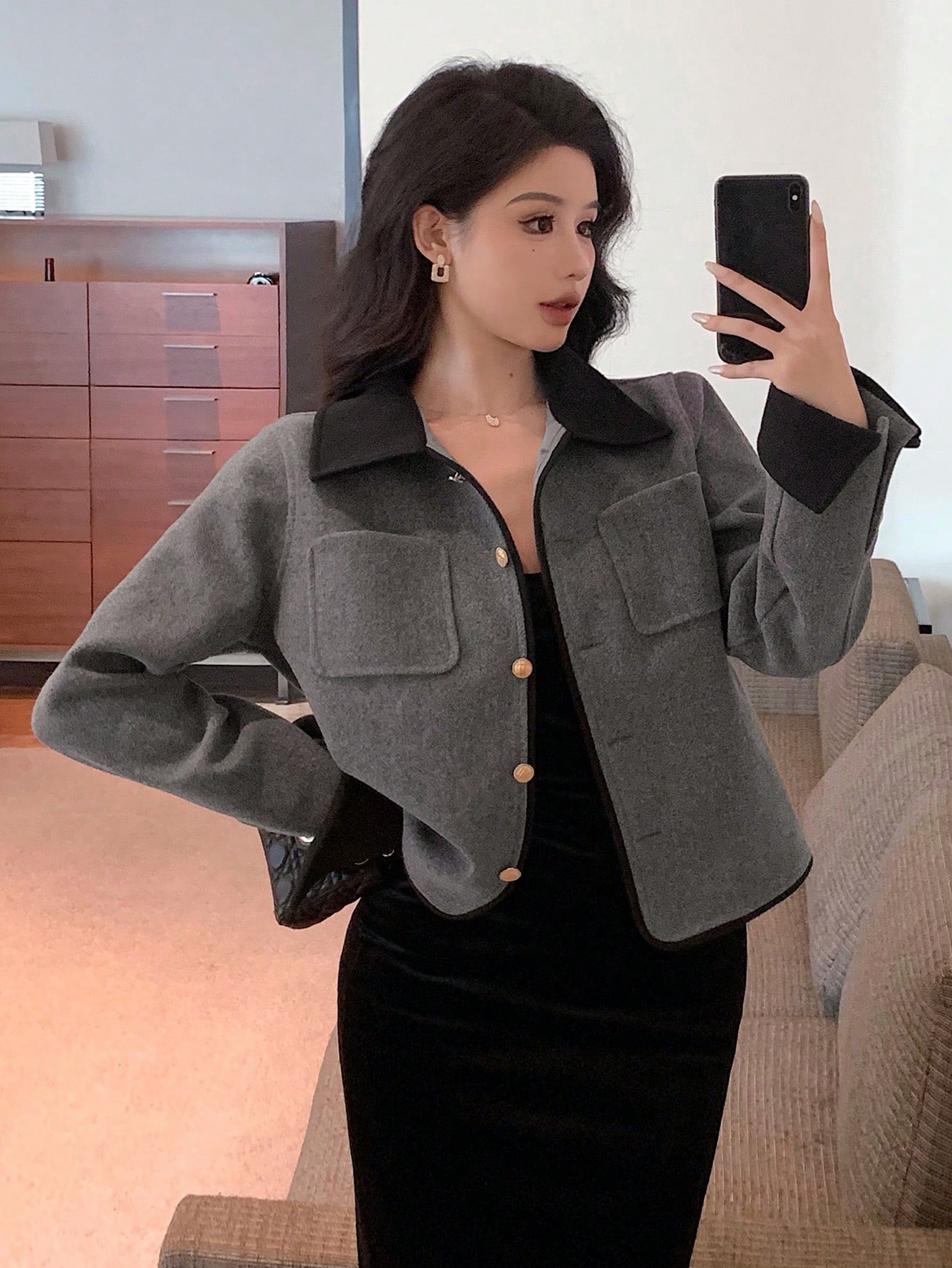 Women Autumn Single Breasted Color Blocking Lapel Casual Jacket