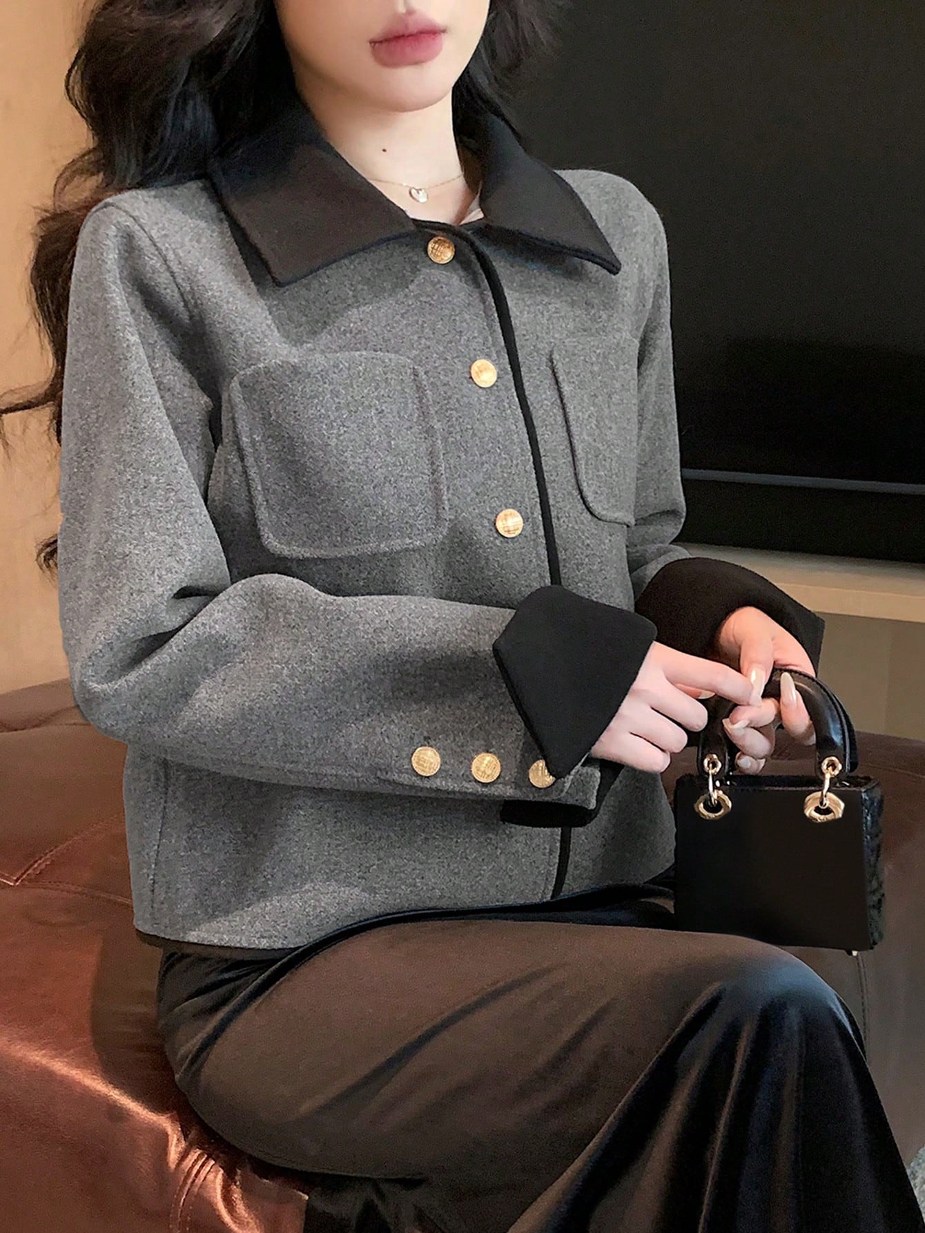 Women Autumn Single Breasted Color Blocking Lapel Casual Jacket