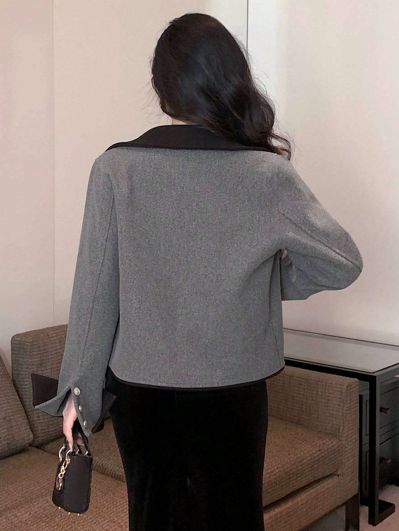 Women Autumn Single Breasted Color Blocking Lapel Casual Jacket