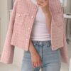 Women Pink Round Neck Short Fitted Regular Jacket