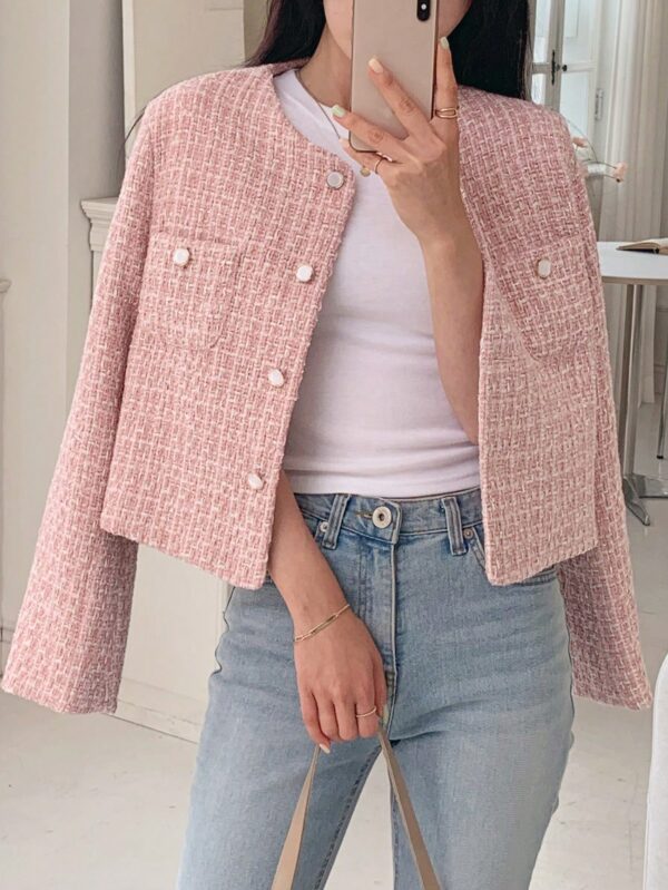 Women Pink Round Neck Short Fitted Regular Jacket