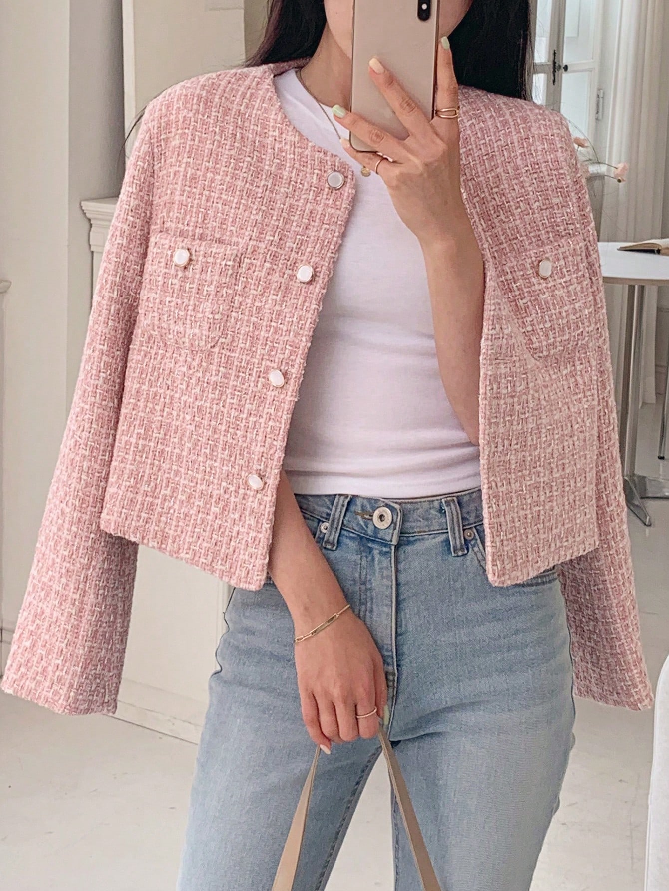 Women Pink Round Neck Short Fitted Regular Jacket Women Pink Round Neck Short Fitted Regular Jacket
