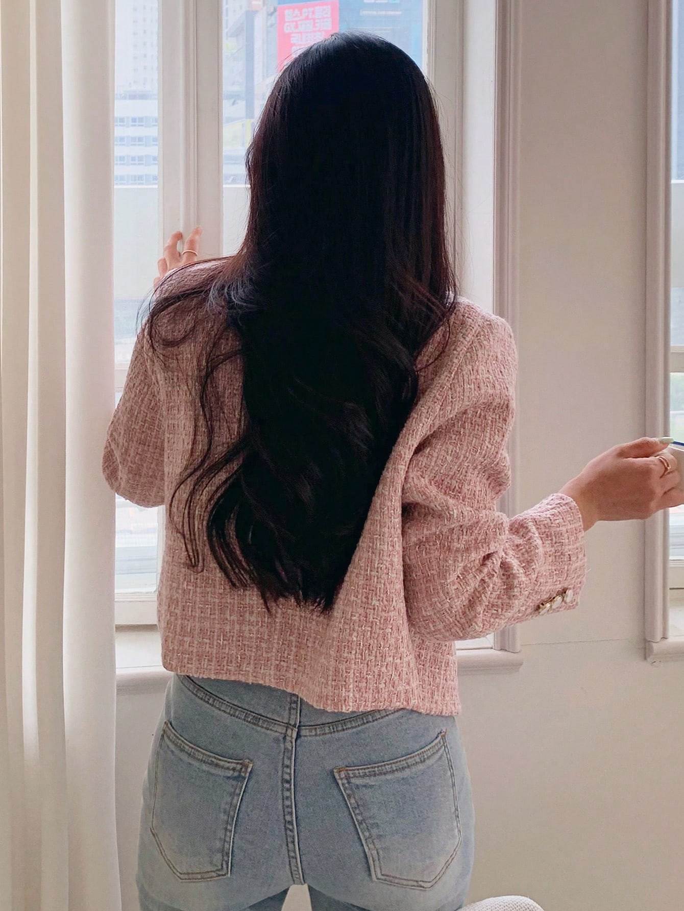 Women Pink Round Neck Short Fitted Regular Jacket Women Pink Round Neck Short Fitted Regular Jacket