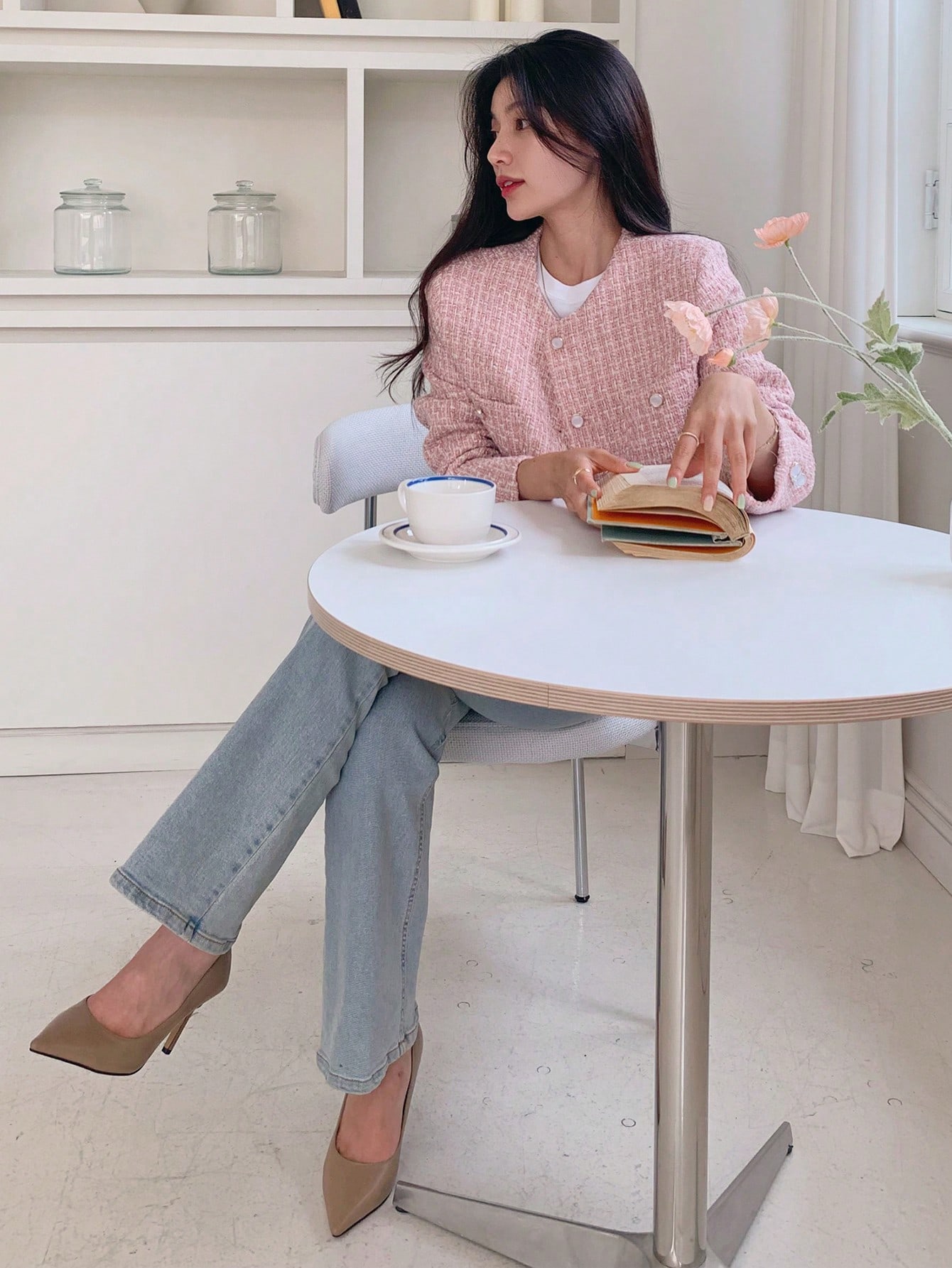 Women Pink Round Neck Short Fitted Regular Jacket Women Pink Round Neck Short Fitted Regular Jacket