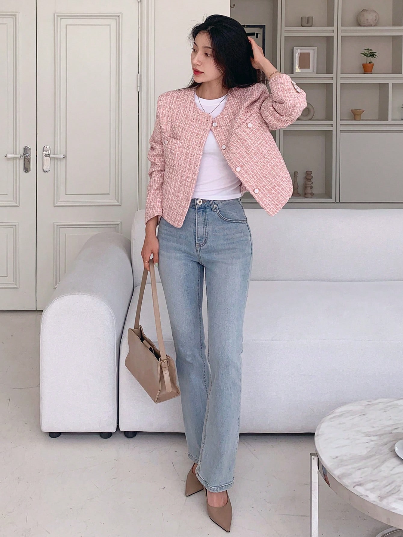 Women Pink Round Neck Short Fitted Regular Jacket Women Pink Round Neck Short Fitted Regular Jacket