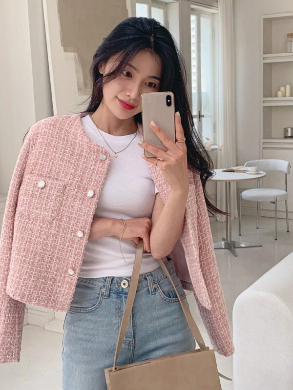 Women Pink Round Neck Short Fitted Regular Jacket