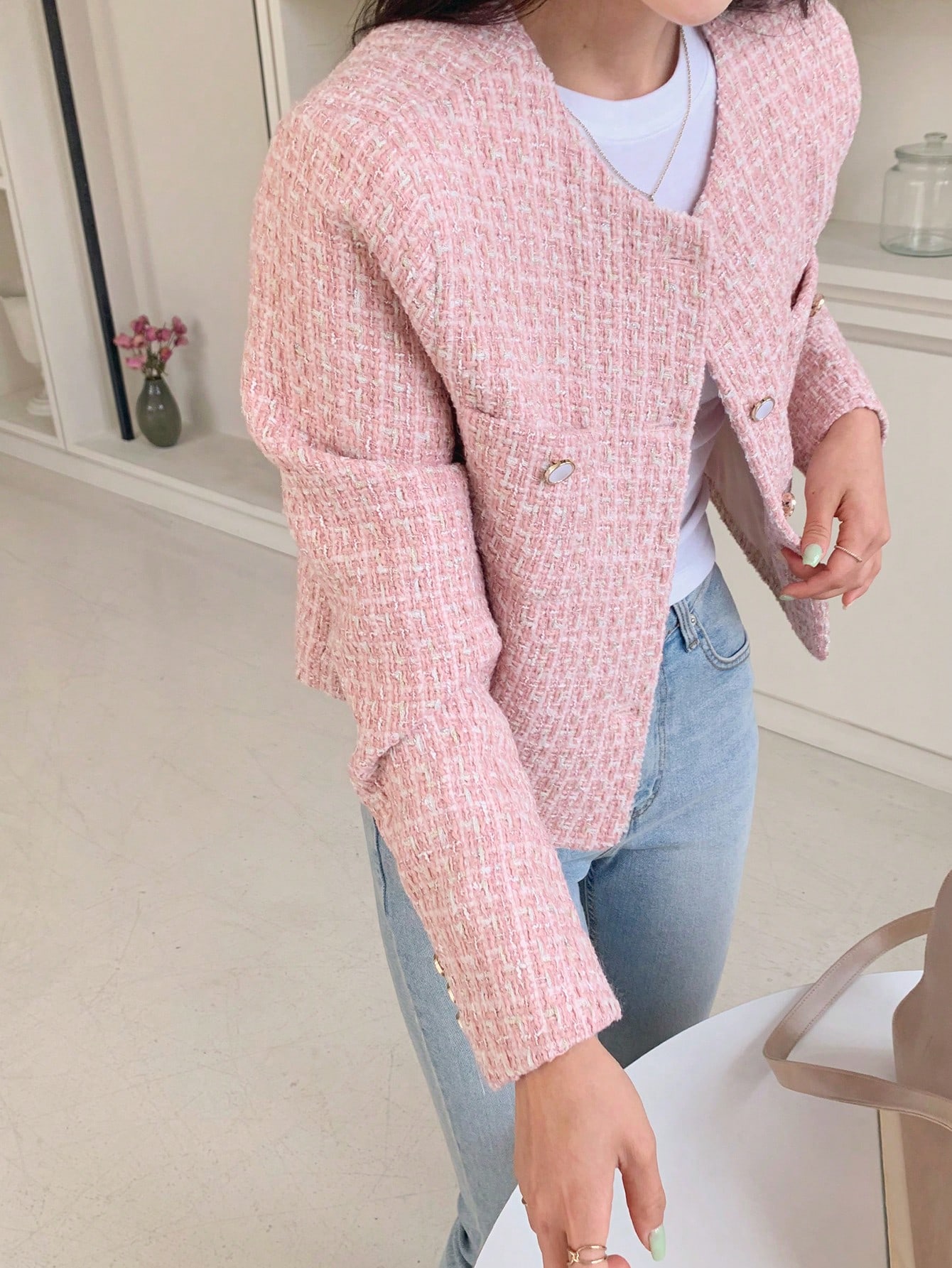 Women Pink Round Neck Short Fitted Regular Jacket Women Pink Round Neck Short Fitted Regular Jacket