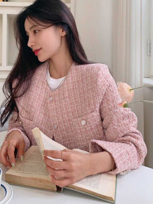 Women Pink Round Neck Short Fitted Regular Jacket