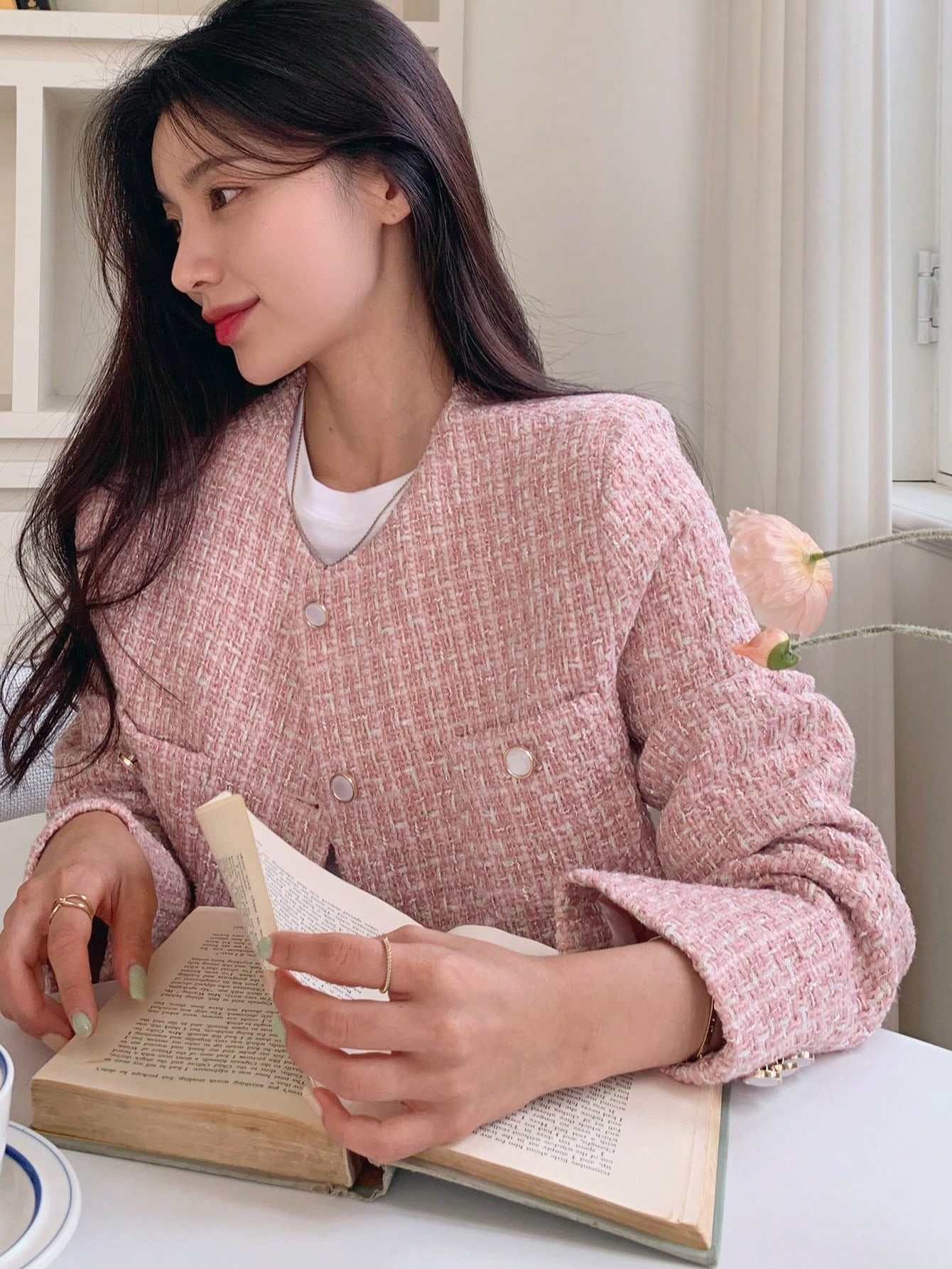 Women Pink Round Neck Short Fitted Regular Jacket Women Pink Round Neck Short Fitted Regular Jacket